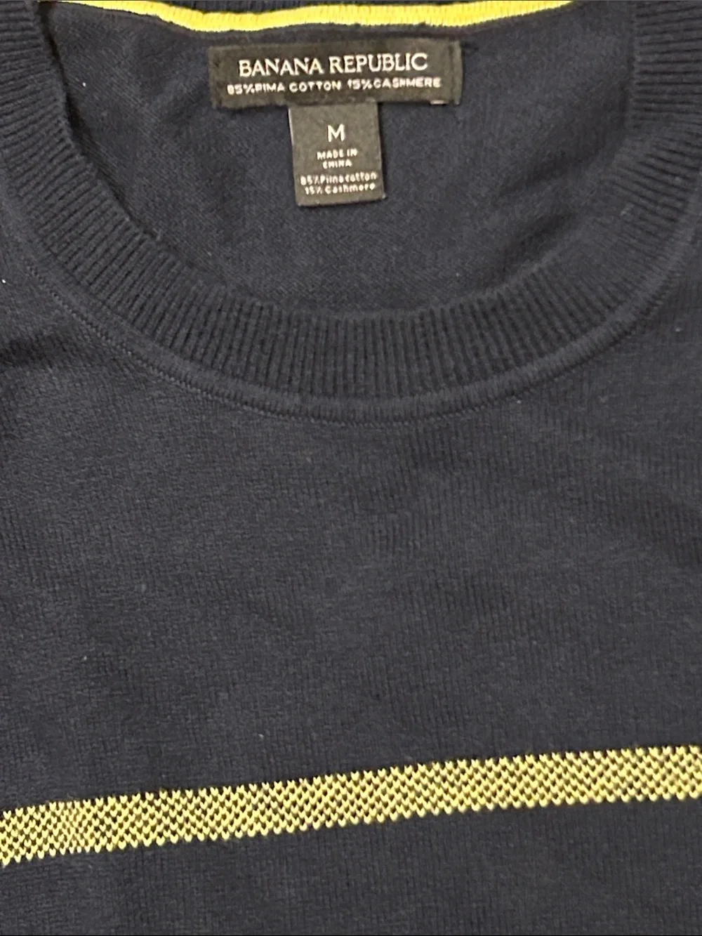 Banana Republic Navy Crewneck Pima, Cotton Cashmere Sweater w/Gold Stripes M